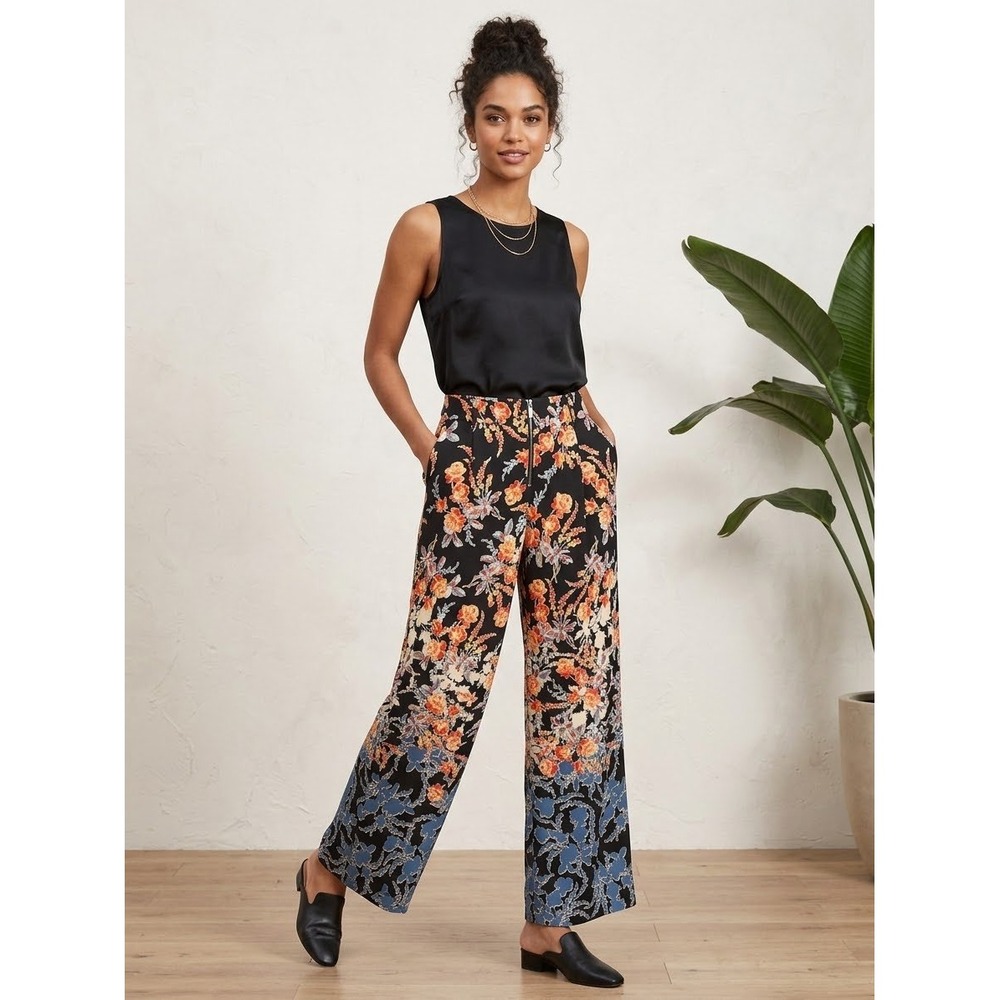 BCBGMAXAZRIA Landon Floral Wide Leg Pants Black Orange Blue Size M